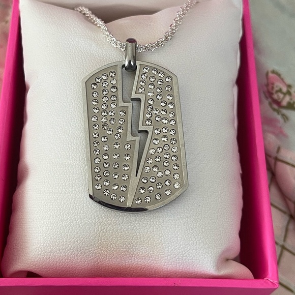 Crystal-Studded Lightning Bolt Dog Tag Pendant with Gold Chain